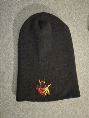 Black Beanie with Red & Yellow Embroidered Demon